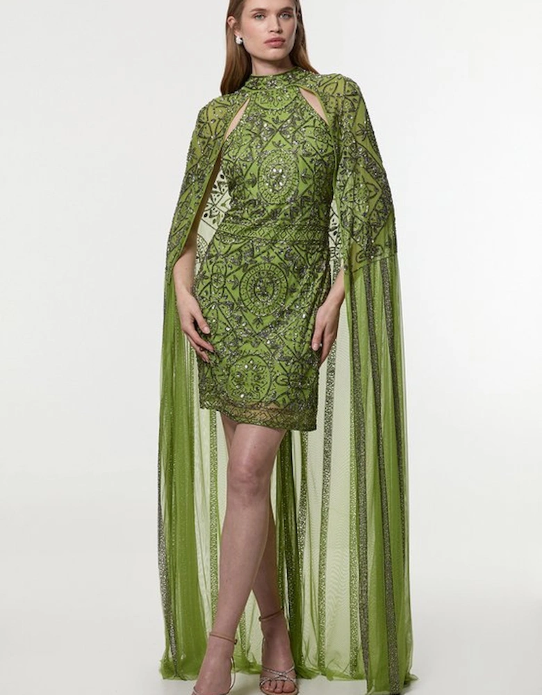 Petite Premium Beading And Embellished Cape Detail Woven Mini Dress