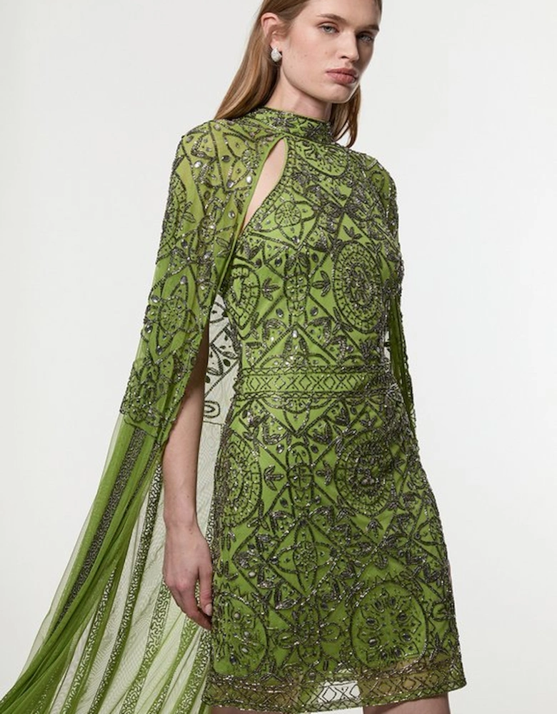 Petite Premium Beading And Embellished Cape Detail Woven Mini Dress