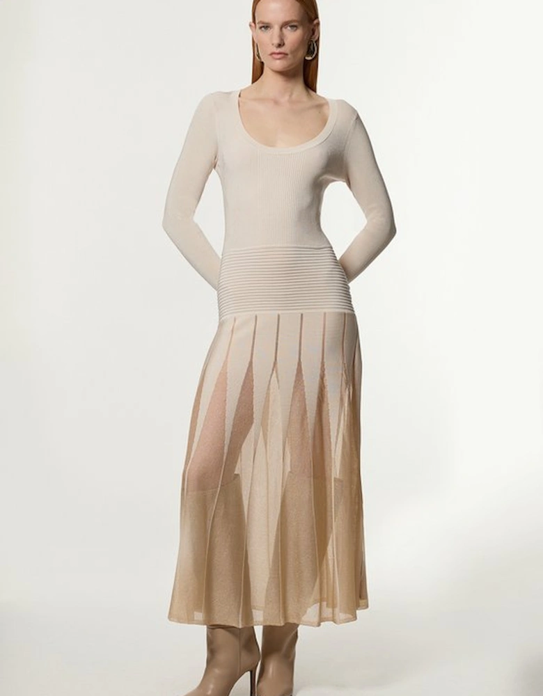 Slinky Knit Scooped Neck Sheer Detail Maxi Dress