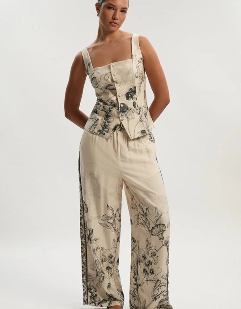 Petite Viscose Linen Scenic Placed Print Woven Wide Leg Trousers
