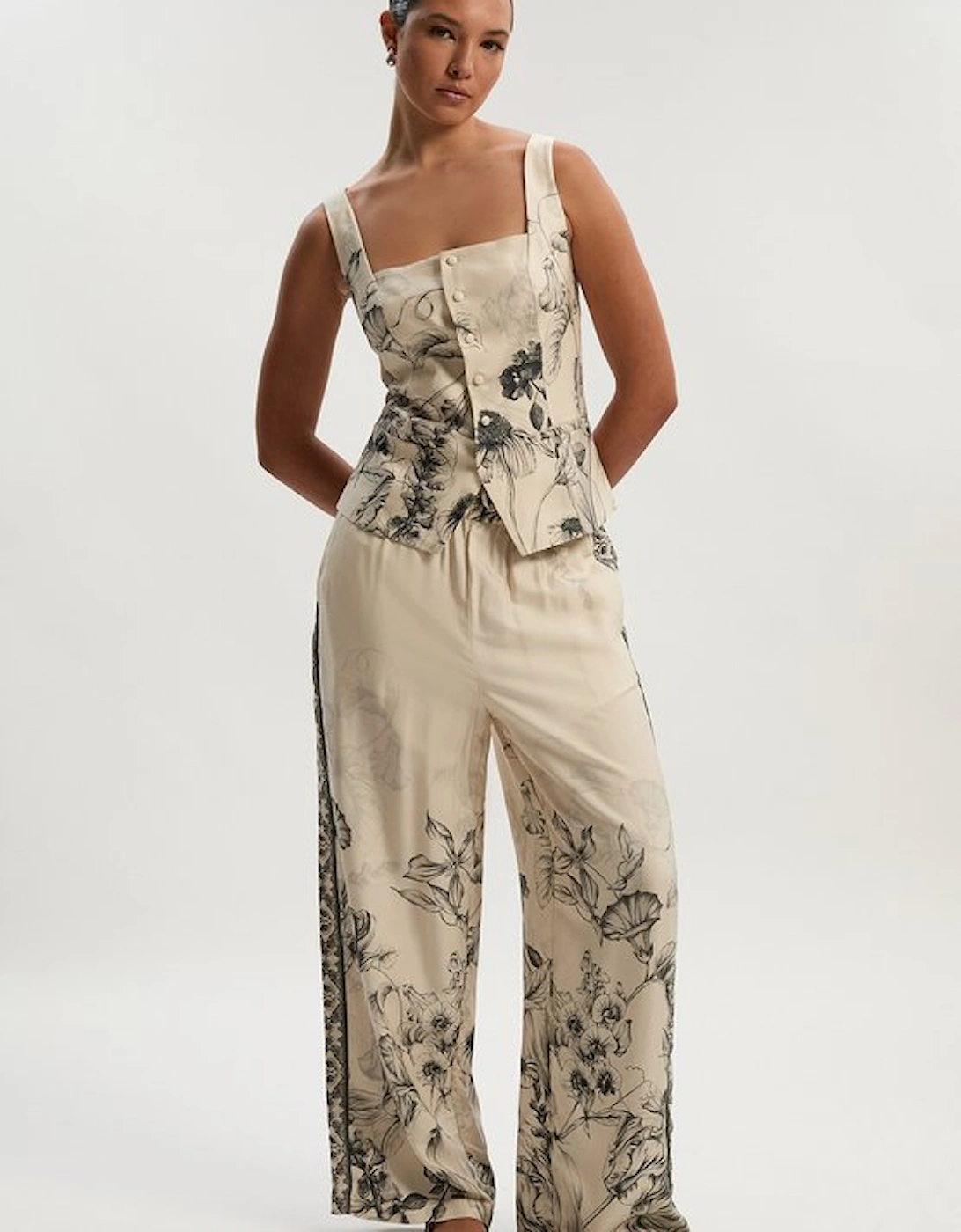 Petite Viscose Linen Scenic Placed Print Woven Wide Leg Trousers