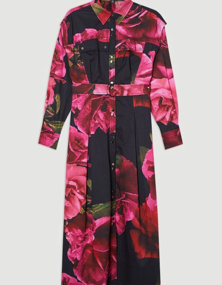Placed Floral Cotton Sateen Shirt Dress