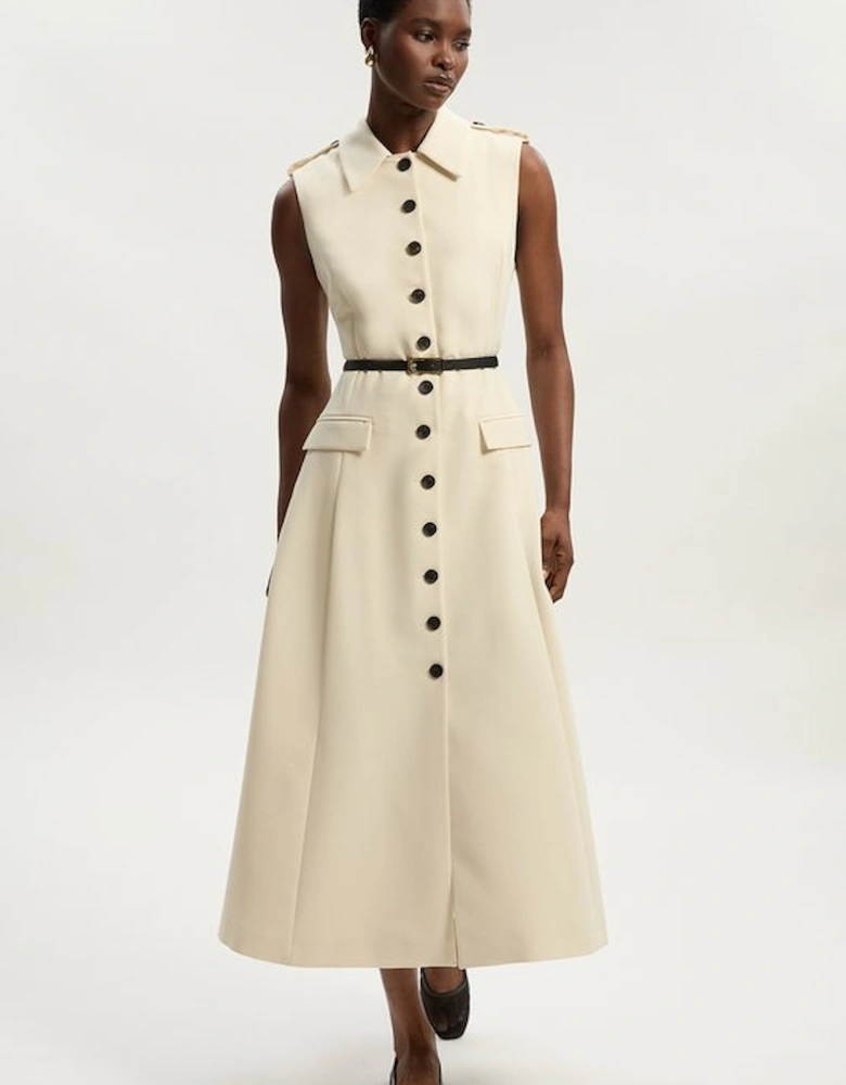 Tailored Crepe Sleeveless Button Front Tailored Shirt Midi Dress