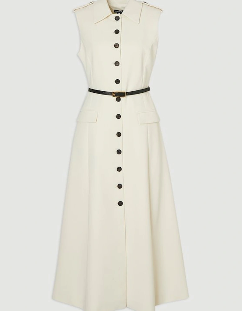 Tailored Crepe Sleeveless Button Front Tailored Shirt Midi Dress