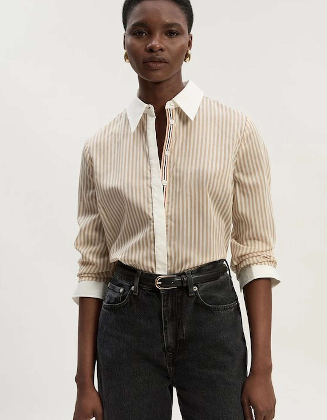 Contrast Collar Stripe Woven Shirt