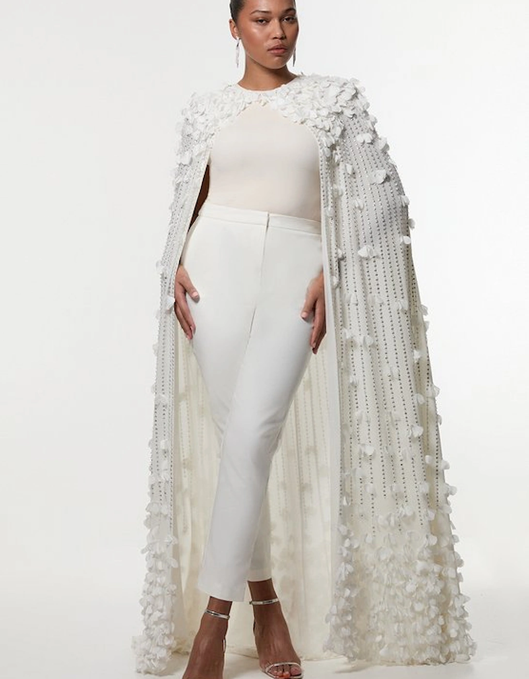 Plus Size Floral Applique Crystal Embellished Woven Maxi Cape, 5 of 4