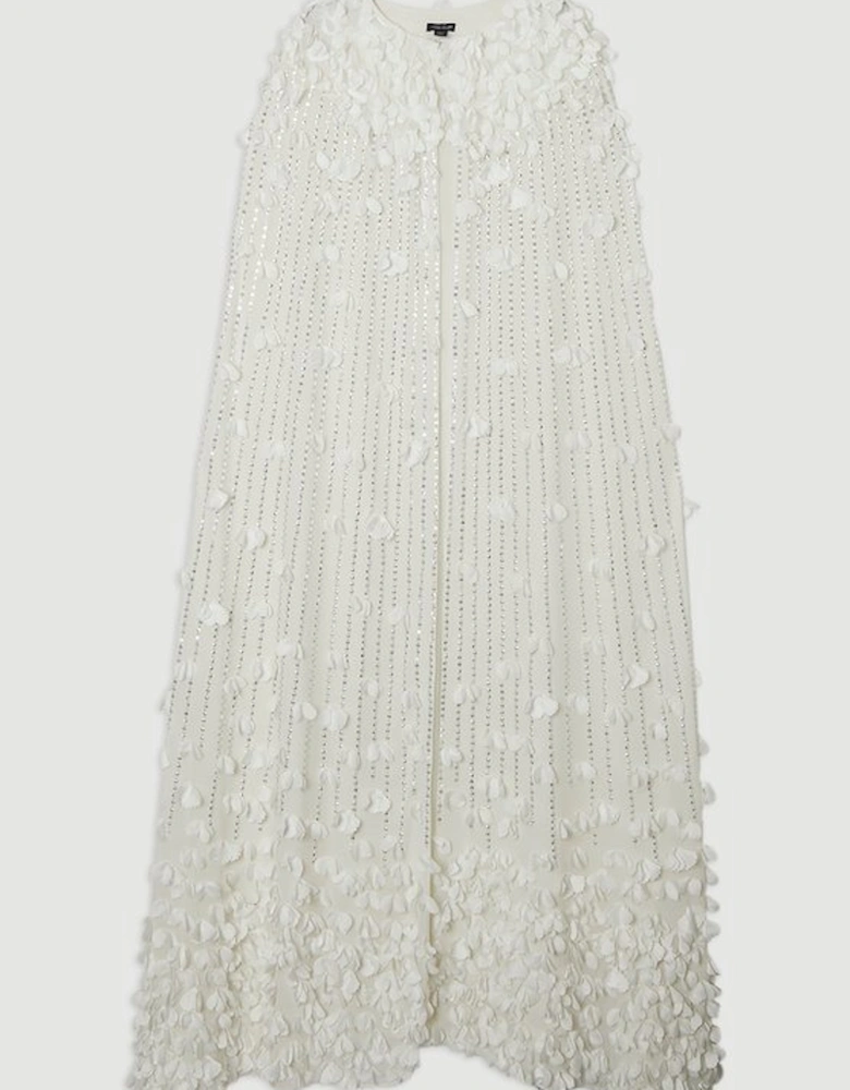 Plus Size Floral Applique Crystal Embellished Woven Maxi Cape
