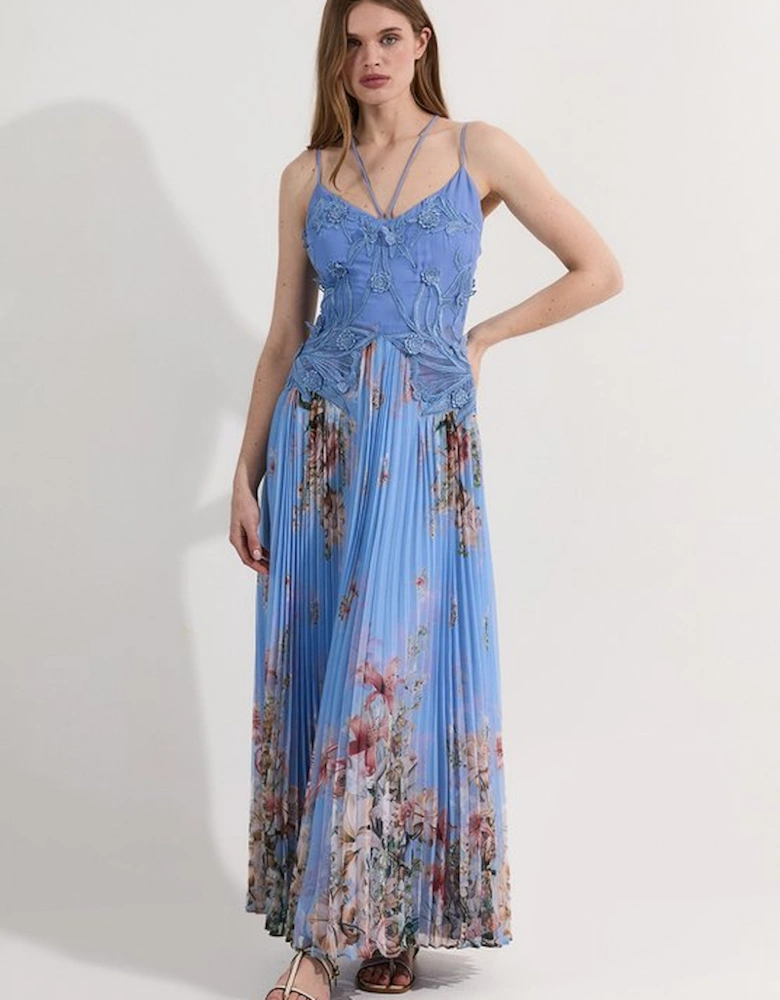 Floral Applique Lace Pleated Strappy Maxi Dress