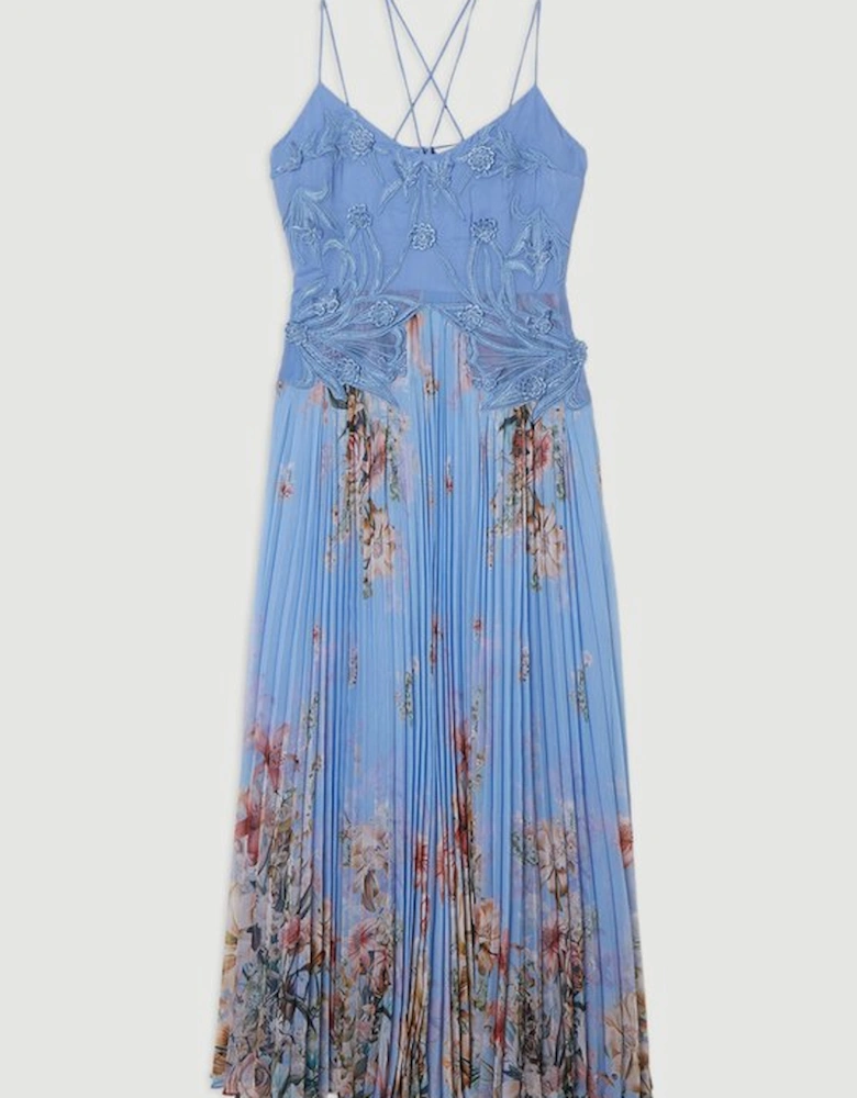 Floral Applique Lace Pleated Strappy Maxi Dress