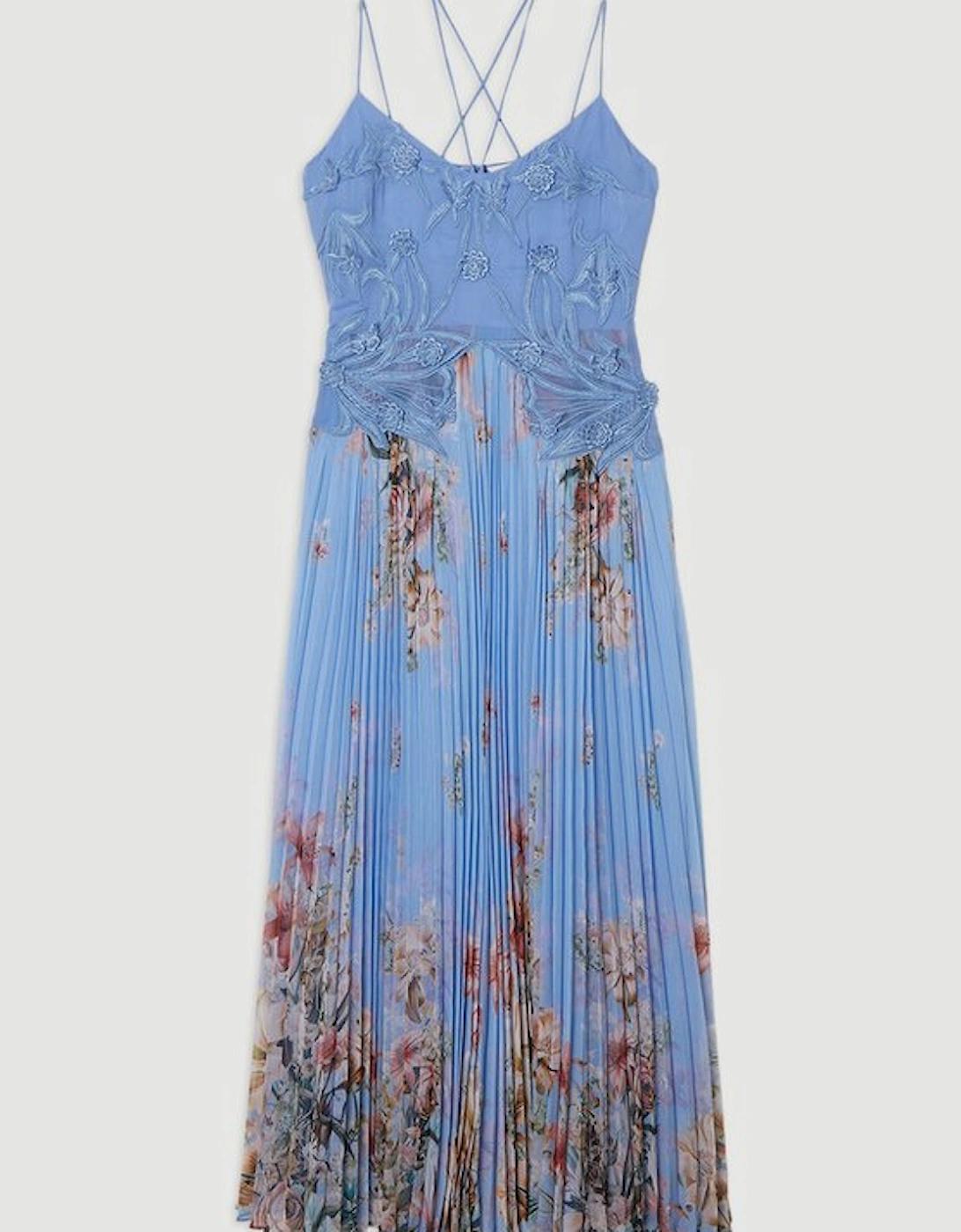 Floral Applique Lace Pleated Strappy Maxi Dress