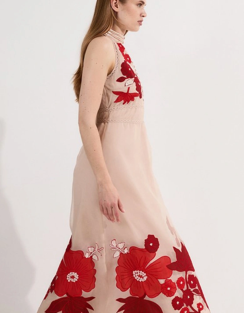 Applique Organdie Buttoned Halter Neck Maxi Dress