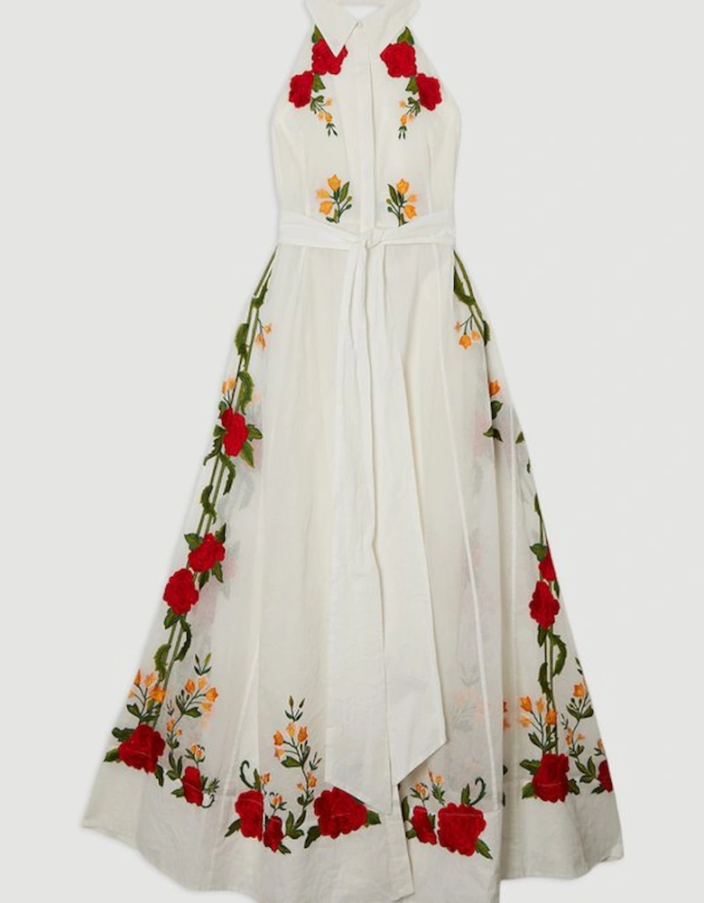 Applique Organdie Buttoned Halter Neck Maxi Dress