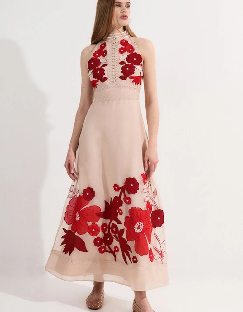 Applique Organdie Buttoned Halter Neck Maxi Dress