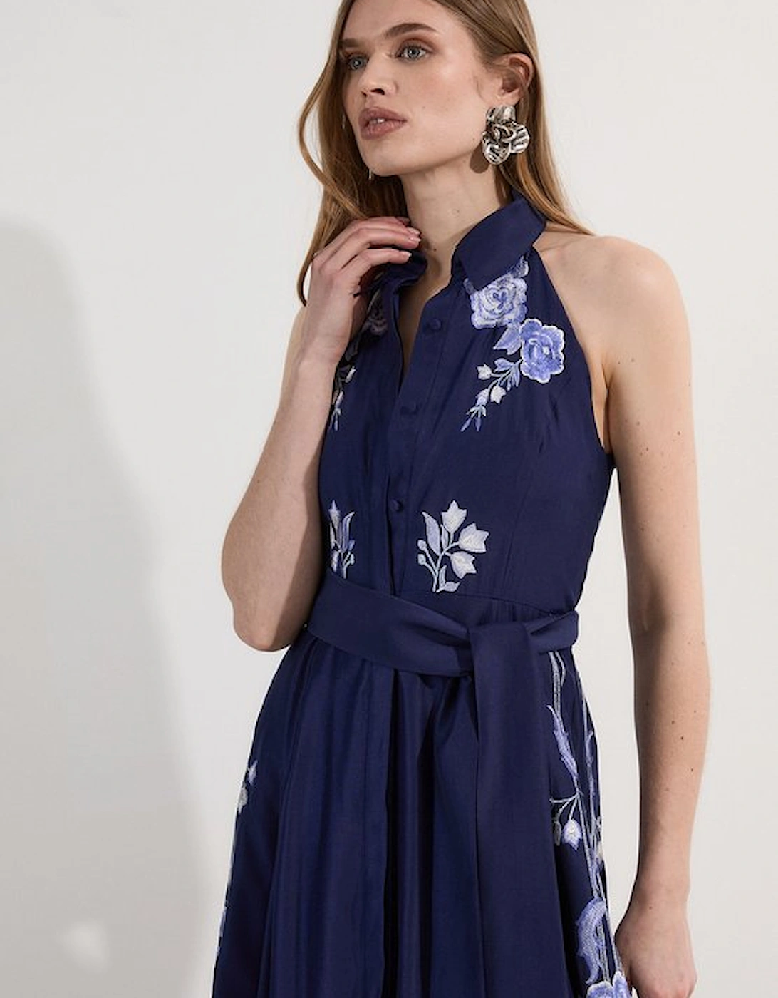 Petite Rose Embroidered Voile Midi Halter Dress