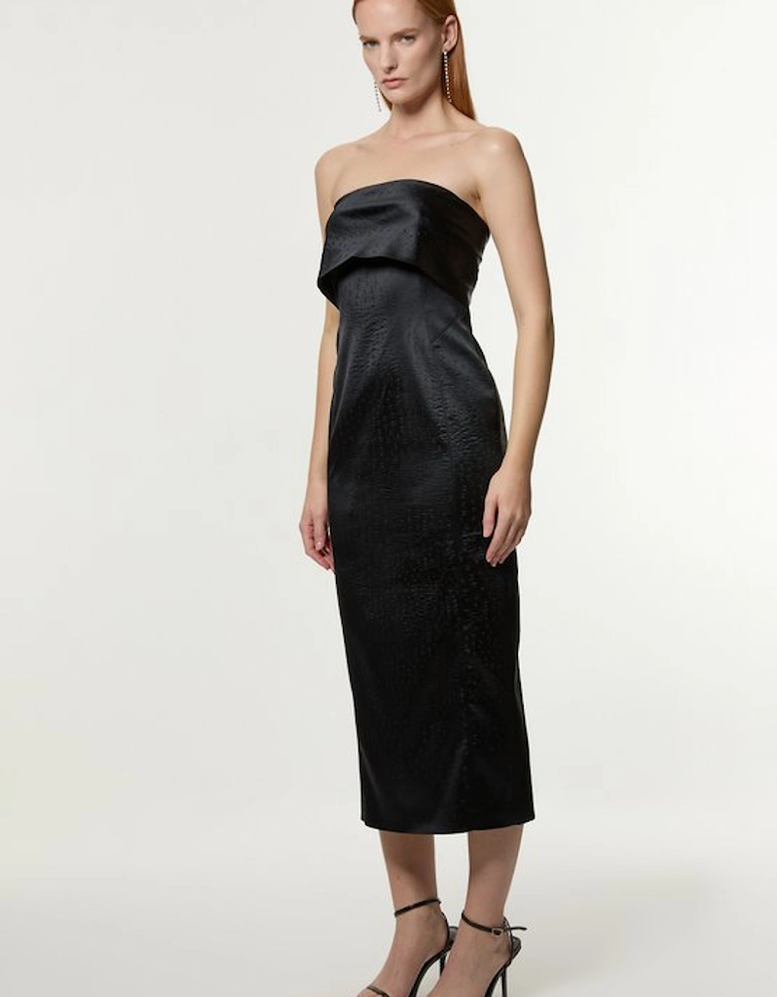 Italian Structured Textured Satin Bandeau Tailored Maxi Dress