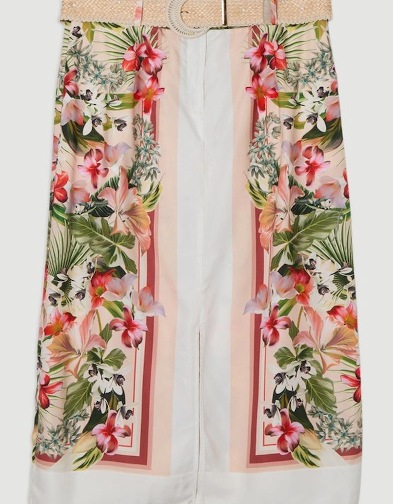 Plus Size Mirrored Viscose Linen Floral Print With Raffia Belt Woven Midi Skirt