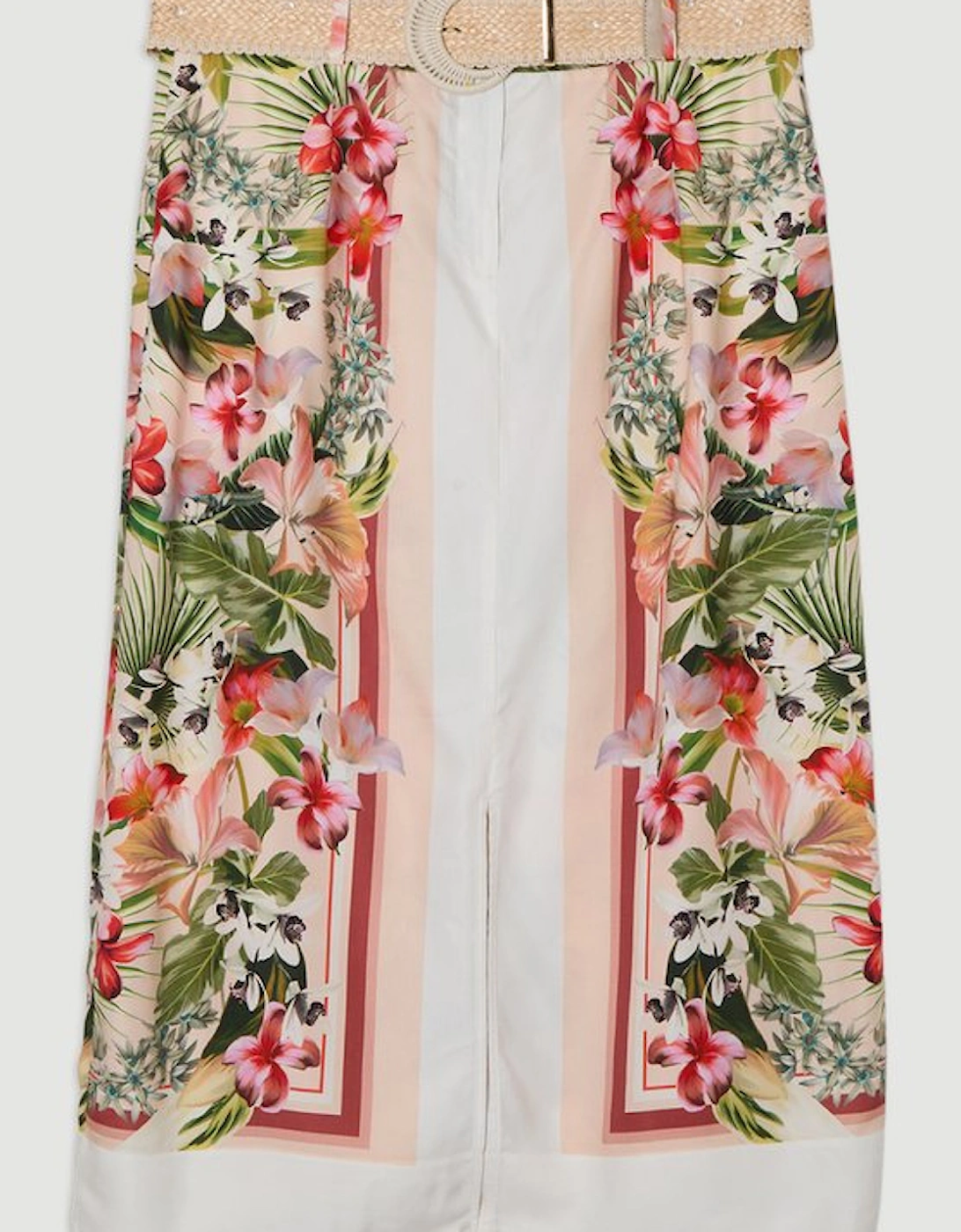 Plus Size Mirrored Viscose Linen Floral Print With Raffia Belt Woven Midi Skirt