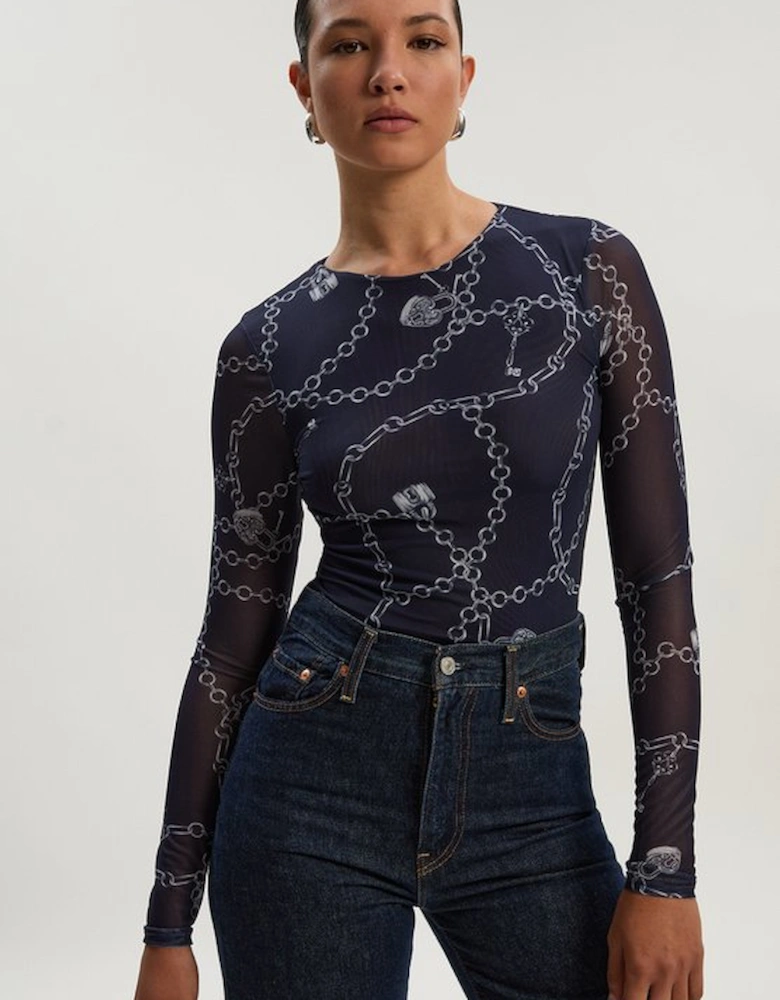 Petite Long Sleeved Chain Print Mesh Bodysuit