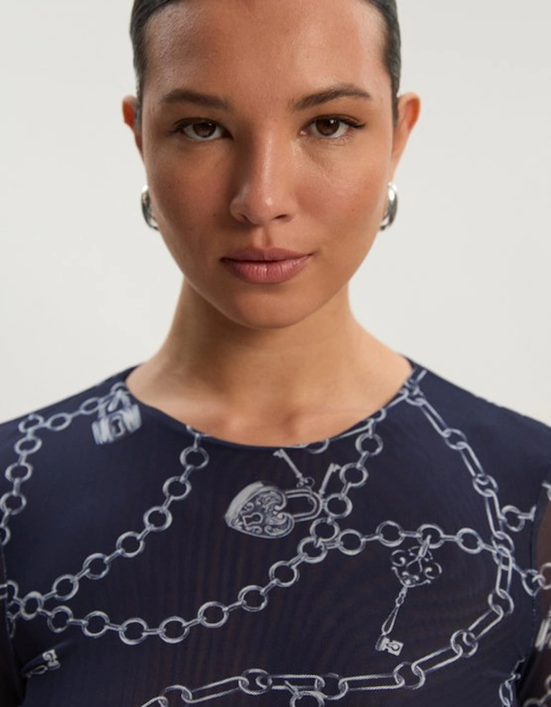 Petite Long Sleeved Chain Print Mesh Bodysuit