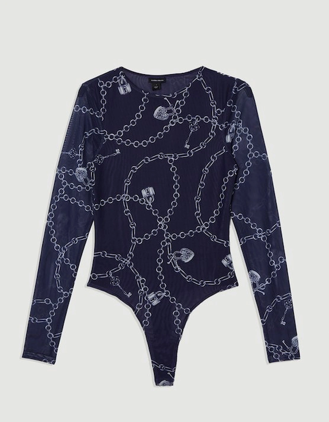 Petite Long Sleeved Chain Print Mesh Bodysuit
