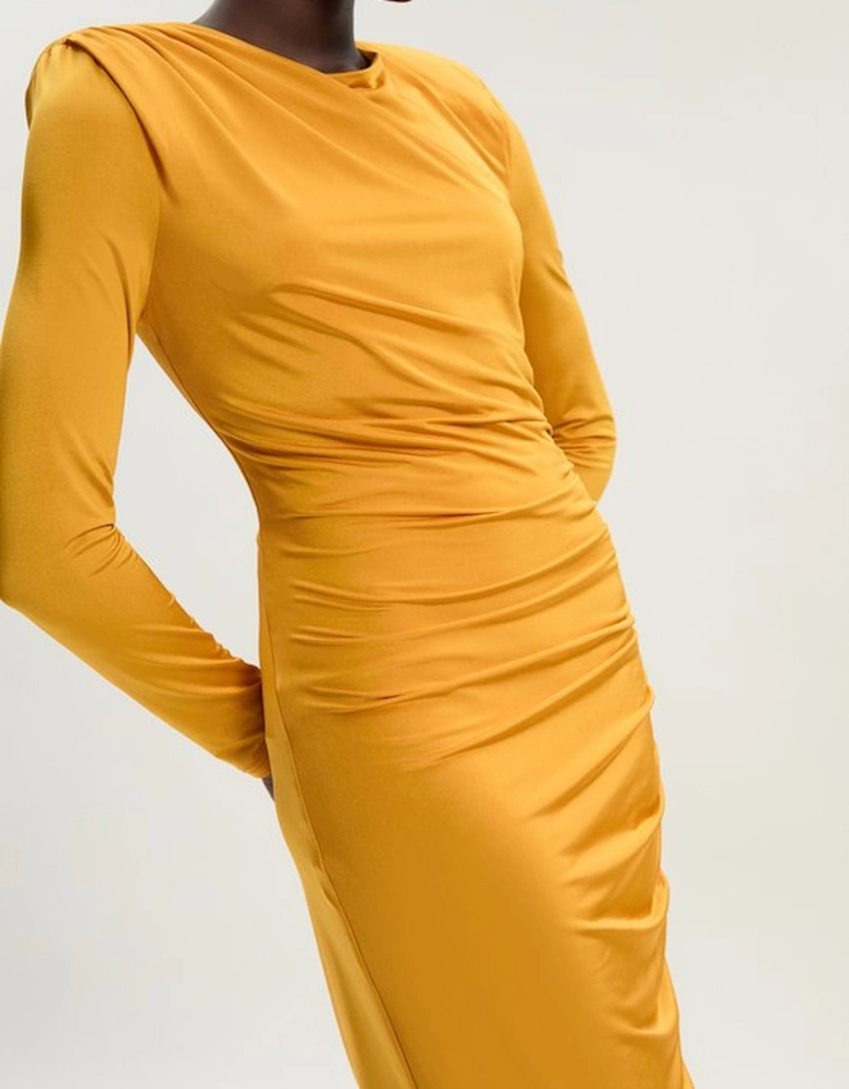 Jersey Crepe Ruched Long Sleeve Maxi Dress