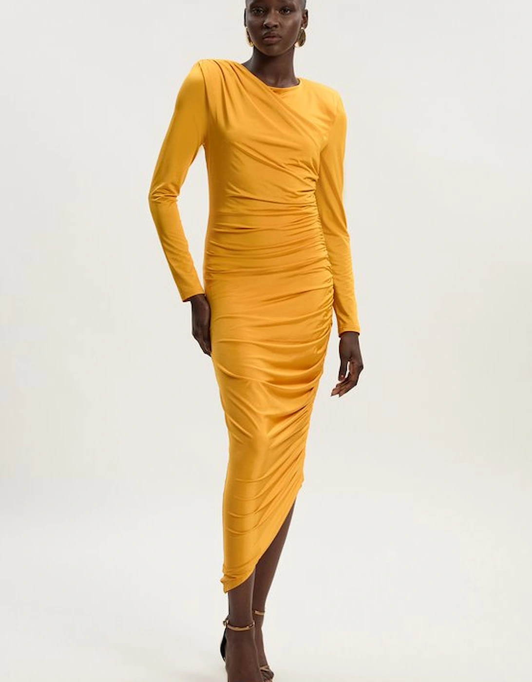 Jersey Crepe Ruched Long Sleeve Maxi Dress