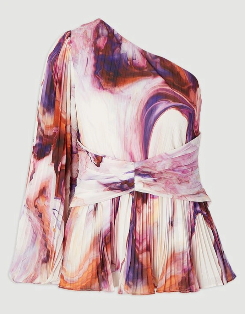 Marble Soft Pleated One Shoulder Blouse