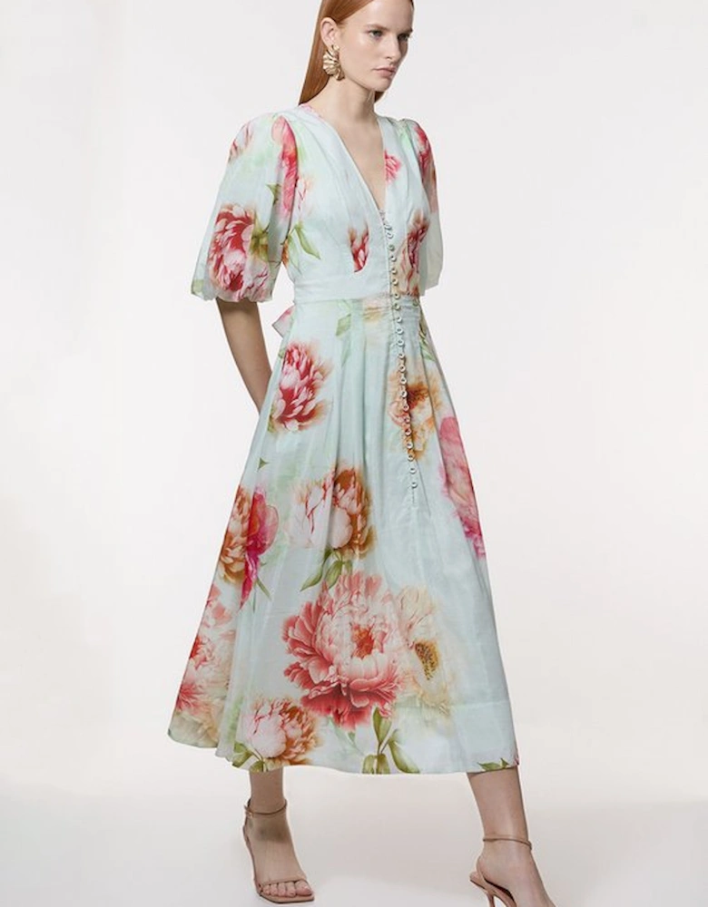 Silk Cotton Trailing Floral Puff Sleeve Midi Dress