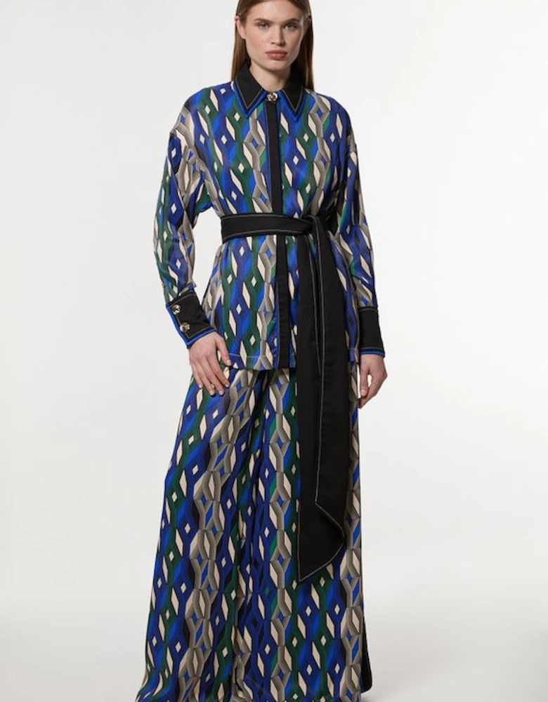 Amelia Graham Printed Viscose Satin Tie Waist Blouse