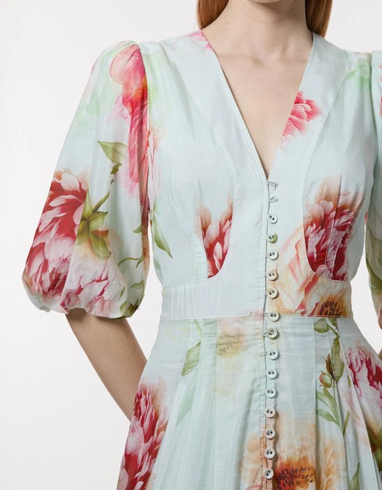 Silk Cotton Trailing Floral Puff Sleeve Midi Dress