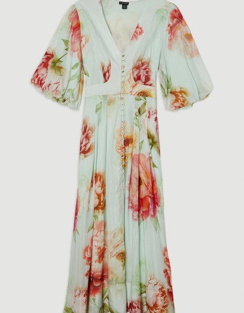 Silk Cotton Trailing Floral Puff Sleeve Midi Dress