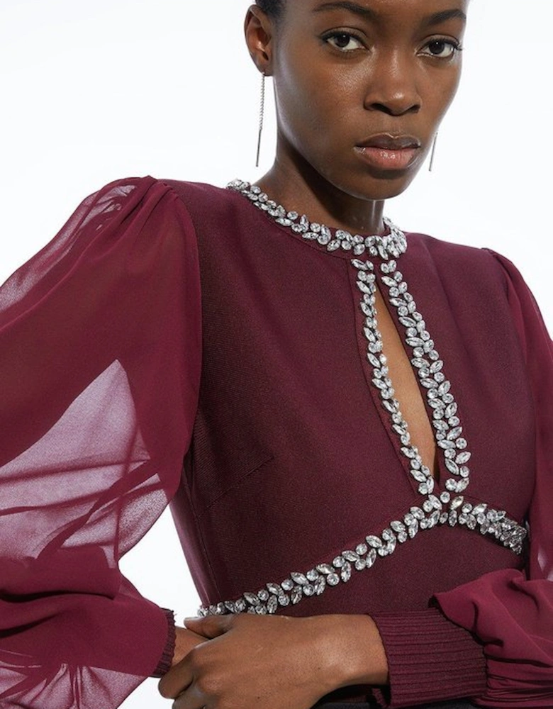 Bandage Embellished And Chiffon Sleeve Figure Form Knit Top