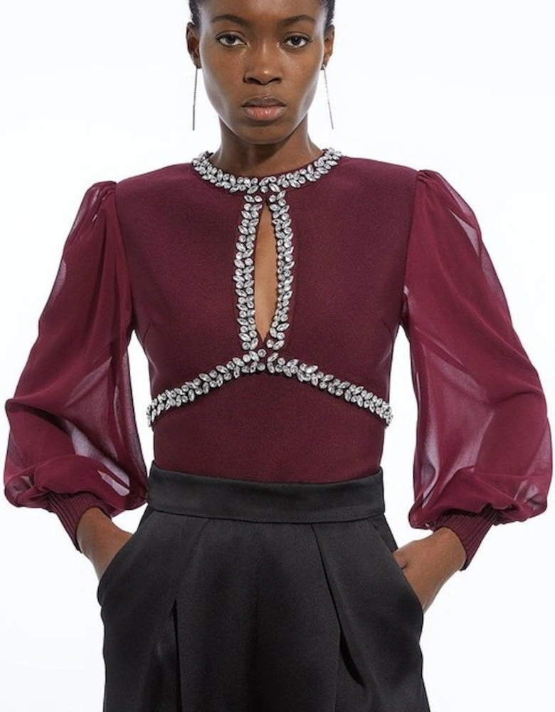 Bandage Embellished And Chiffon Sleeve Figure Form Knit Top