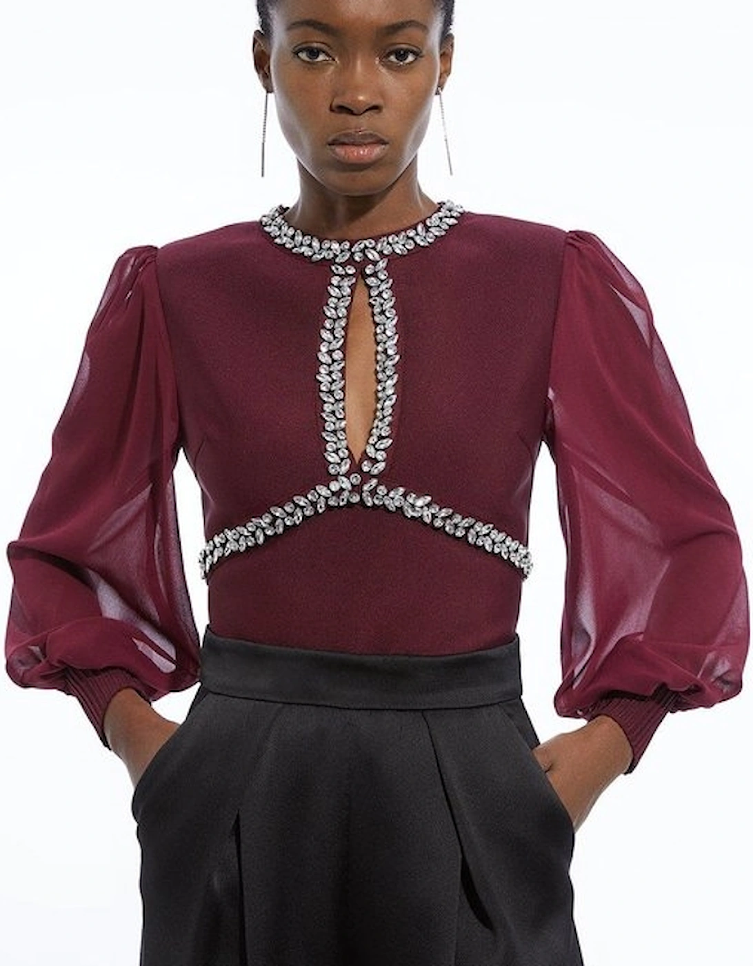 Bandage Embellished And Chiffon Sleeve Figure Form Knit Top, 5 of 4