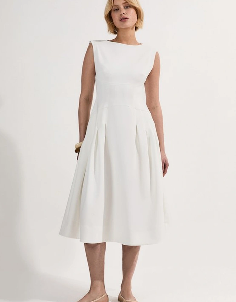 Petite Compact Stretch Open Back Full Skirted Tailored Midi Dress