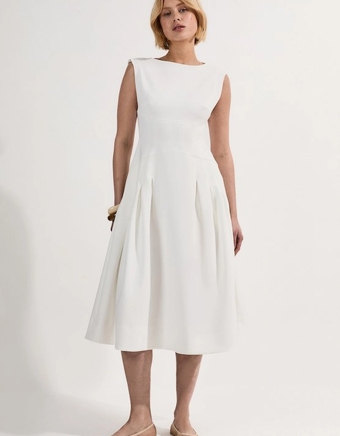 Petite Compact Stretch Open Back Full Skirted Tailored Midi Dress
