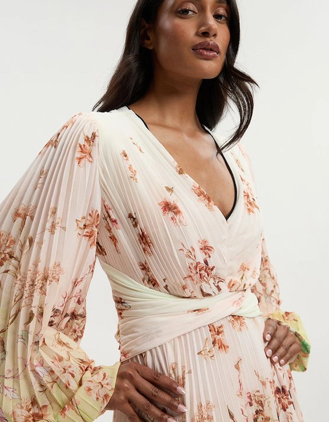 Scattered Floral Balloon Sleeve Pleated Crinkle Cut Out Woven Maxi Dress