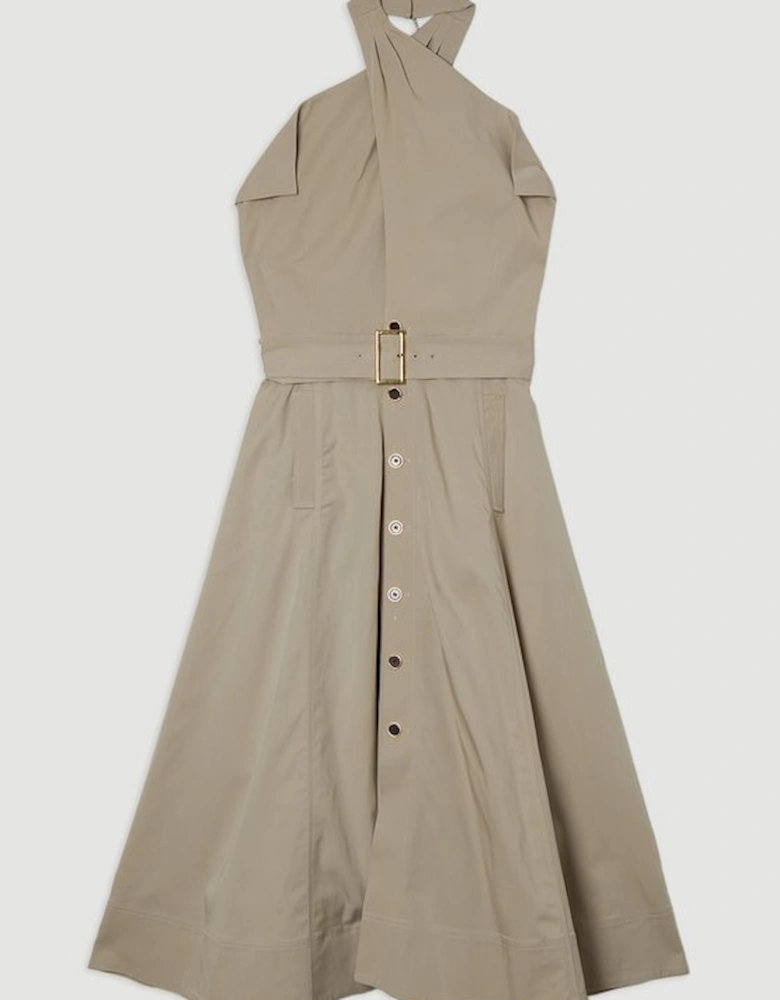 Tailored Polished Cotton Belted Halter Full Skirted Midi Dress