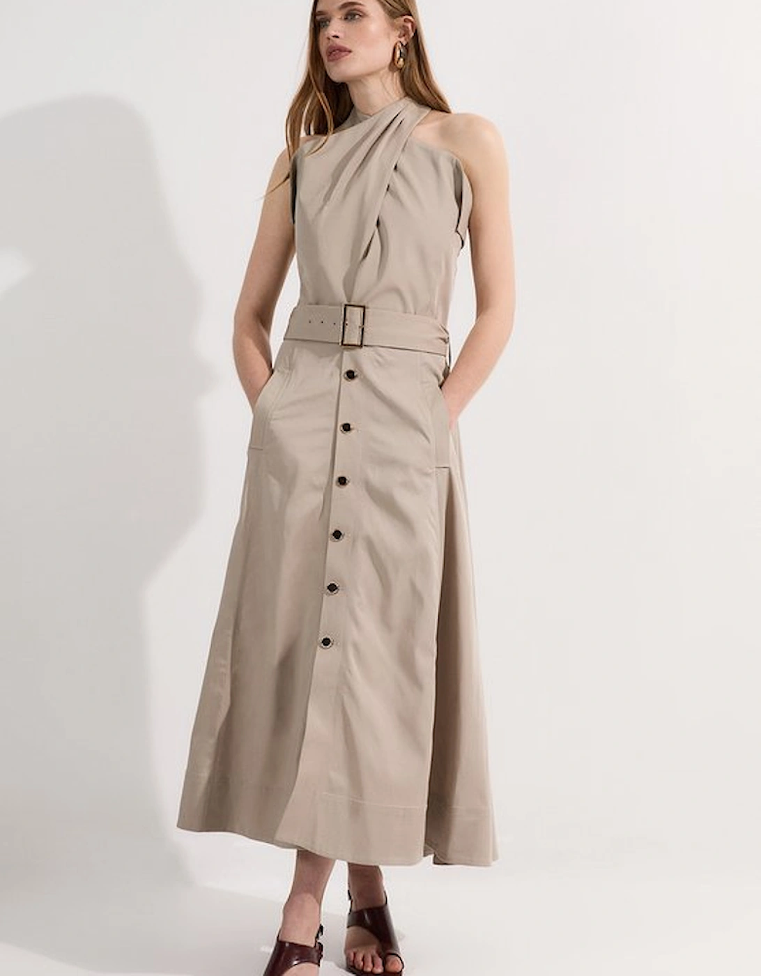 Tailored Polished Cotton Belted Halter Full Skirted Midi Dress, 5 of 4