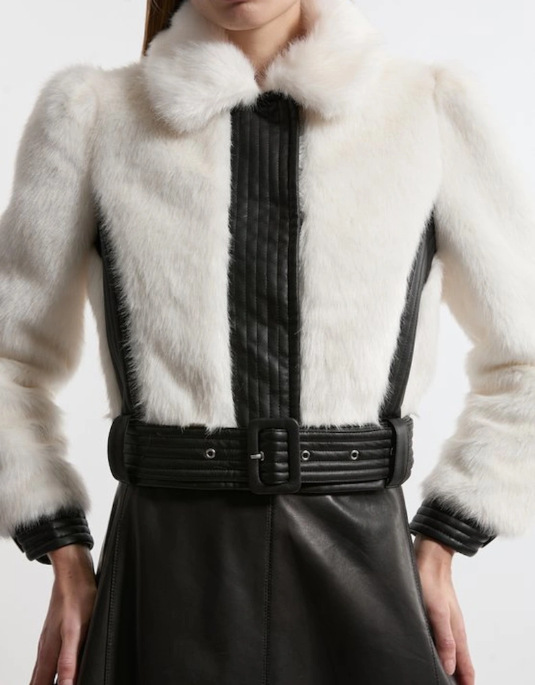 Petite Faux Fur Pu Panelled Belted Cropped Jacket