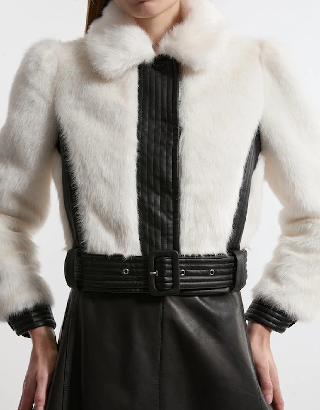Petite Faux Fur Pu Panelled Belted Cropped Jacket