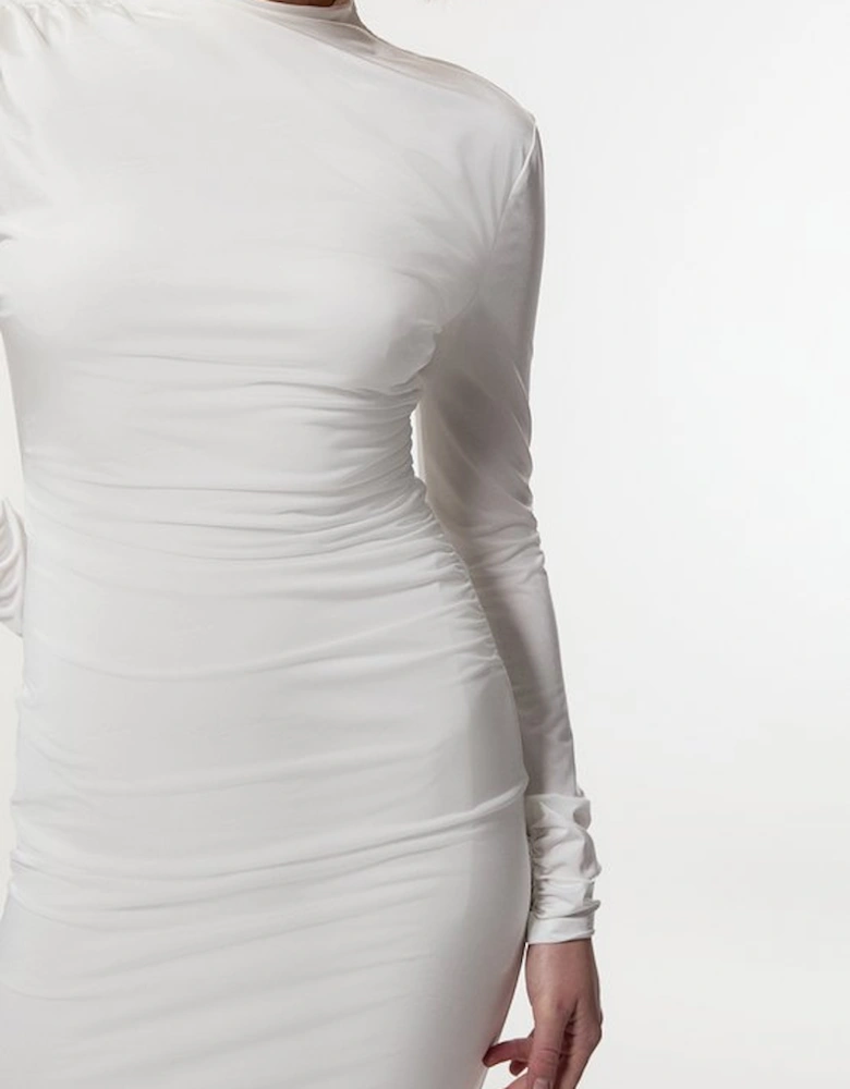 Jersey Crepe Ruched Long Sleeve Mini Dress