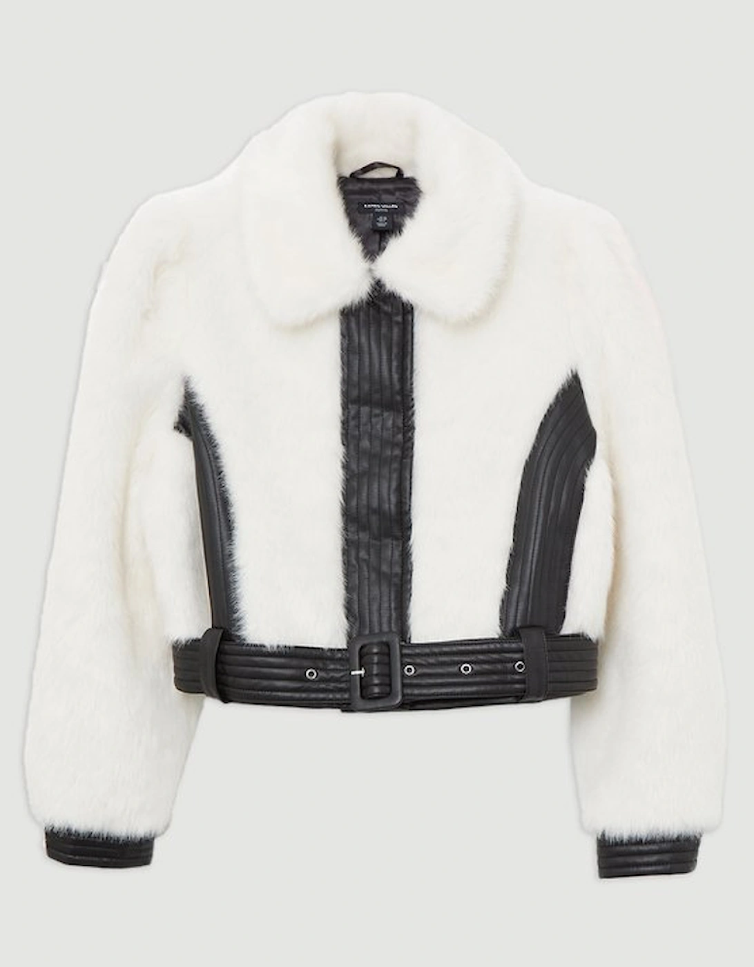 Petite Faux Fur Pu Panelled Belted Cropped Jacket