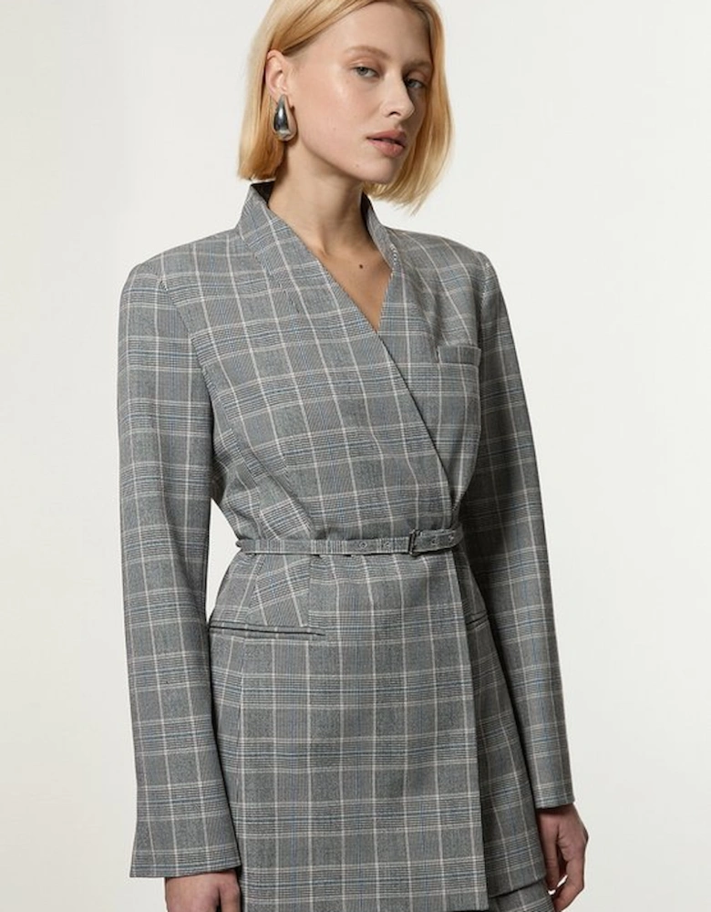 Grey Check Tailored Collarless Belted Blazer