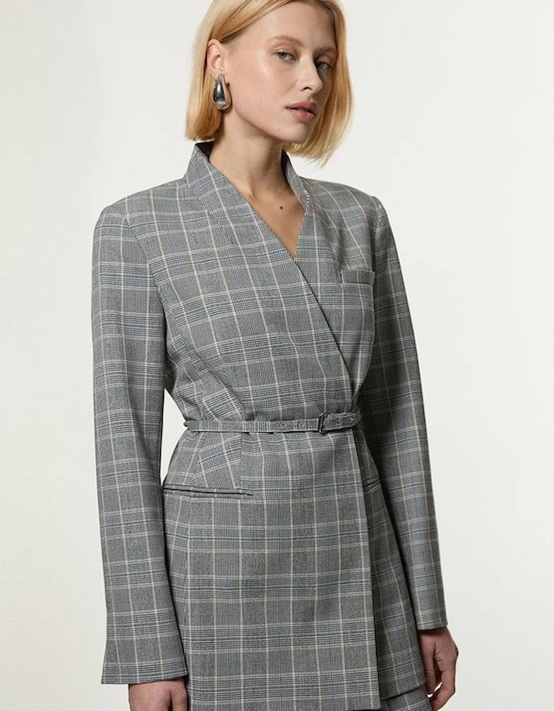 Grey Check Tailored Collarless Belted Blazer, 5 of 4