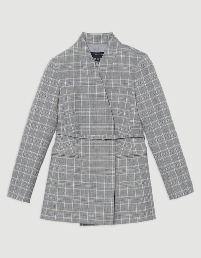 Grey Check Tailored Collarless Belted Blazer