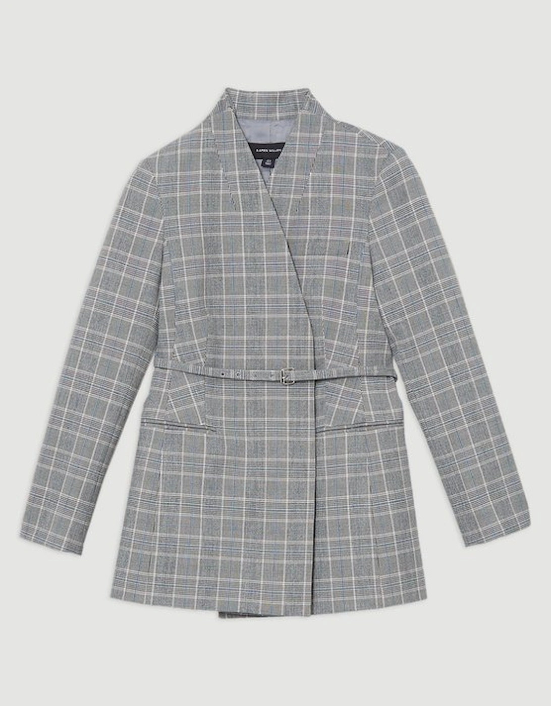 Grey Check Tailored Collarless Belted Blazer