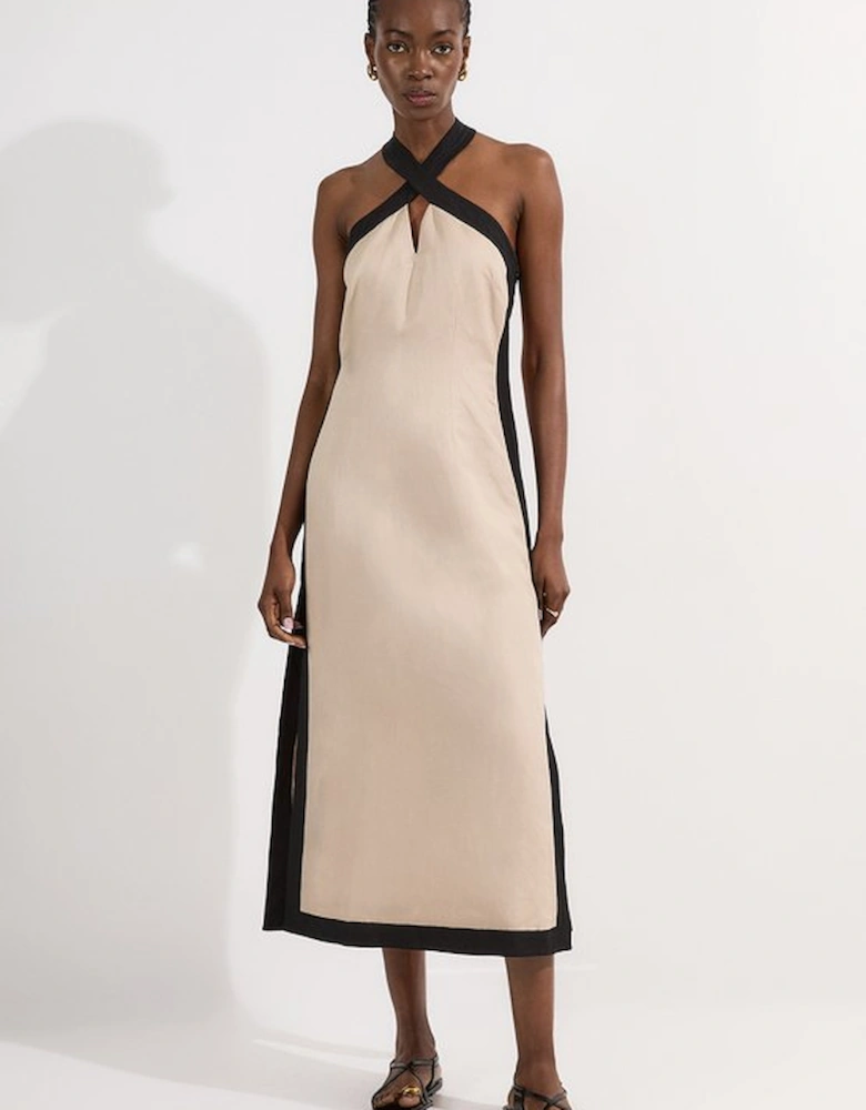 Petite Linen Viscose Colour Block Halter Neck Woven Maxi Dress