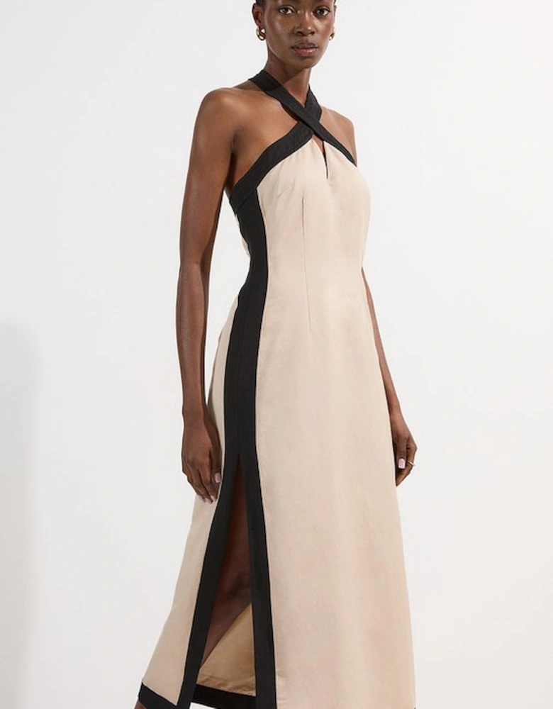 Petite Linen Viscose Colour Block Halter Neck Woven Maxi Dress