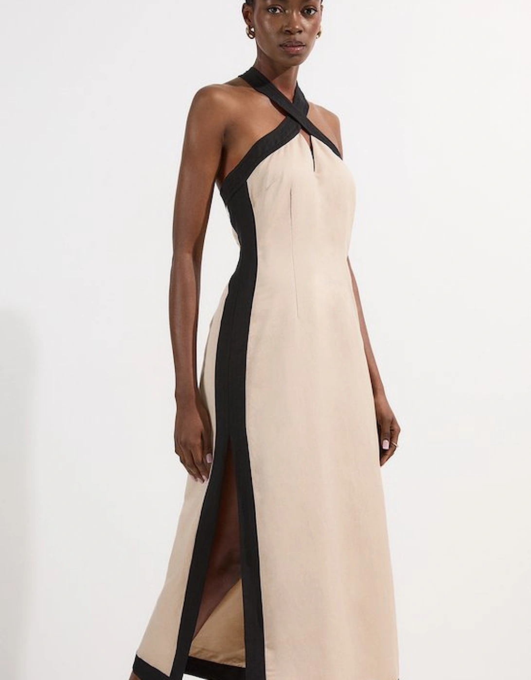 Petite Linen Viscose Colour Block Halter Neck Woven Maxi Dress, 4 of 3